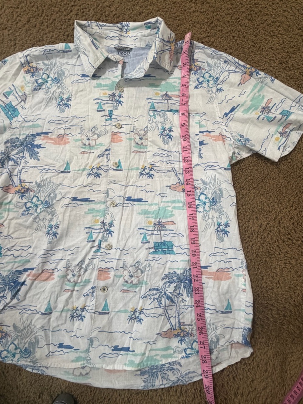 Izod Men's Light Blue Tropical-Print Short-Sleeve Button-Down Shirt Size XL - Picture 9 of 10